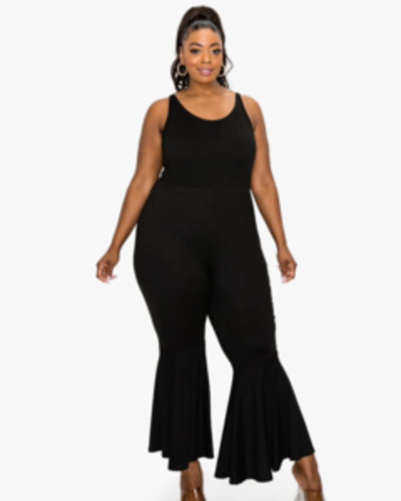 Front of a model wearing a plus size Josie Flared Leg Jumpsuit in Black by L I V D. | dia_product_style_image_id:241146